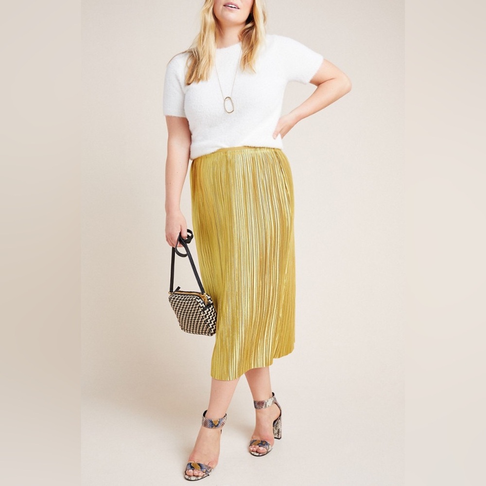 Anthropologie Maeve Domi Midi Skirt Gold Pleated Metallic Women’s Size 6